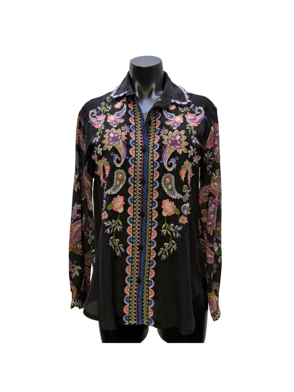 Johnny Was Black Silk Embroidered Floral Button Down Blouse XS